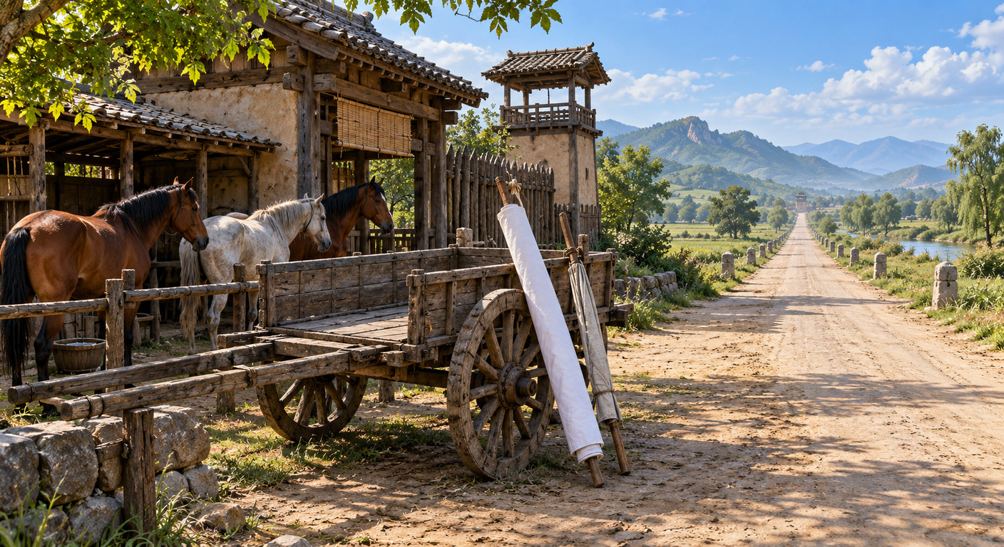 北方驛站門口卸了鞍的馬與一輛空車,車旁斜靠捲起的白幡,官道往南延伸