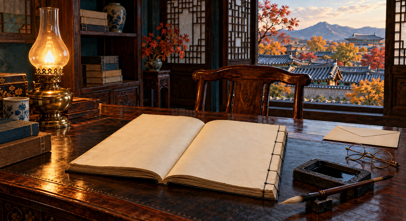 書房的洋式書桌上攤開一部線裝書，旁邊一盞煤油燈、一副圓框眼鏡與一封空白的信封