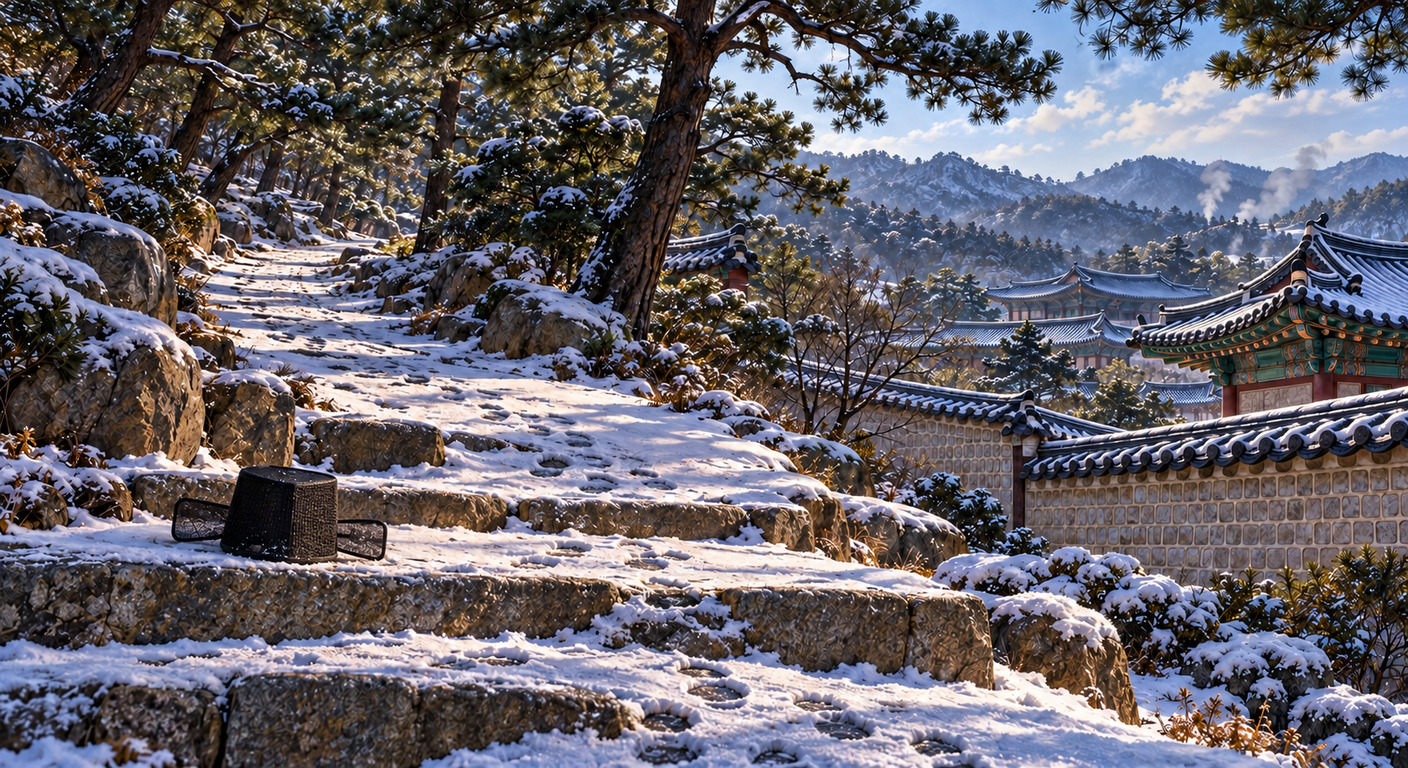 雪覆的山坡石階上擱著一頂黑色紗帽，遠處是宮殿的屋頂