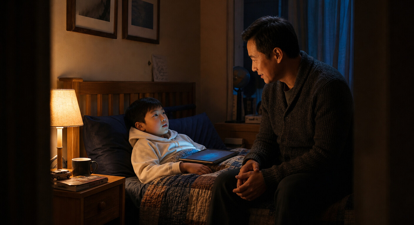 父子在床邊，透過 iPad 與 AI 一問一答