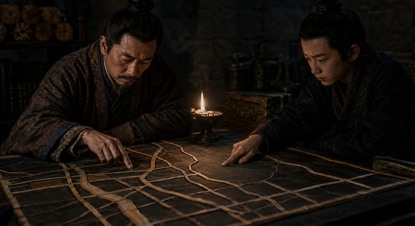 夜裡的燈下，兩人隔案相對，案上攤著一張渠道圖；年長者的手指按在渠線上，少年的手指按在圖上另一處空白