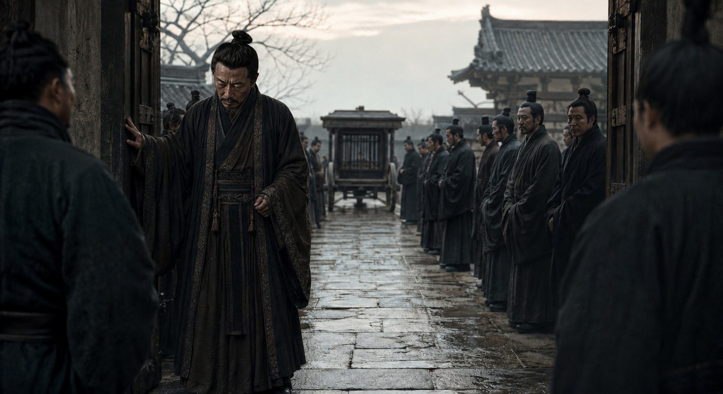 清晨的府門外，一條窄路兩側站滿了人；一名年長者正沿路走向等候的車