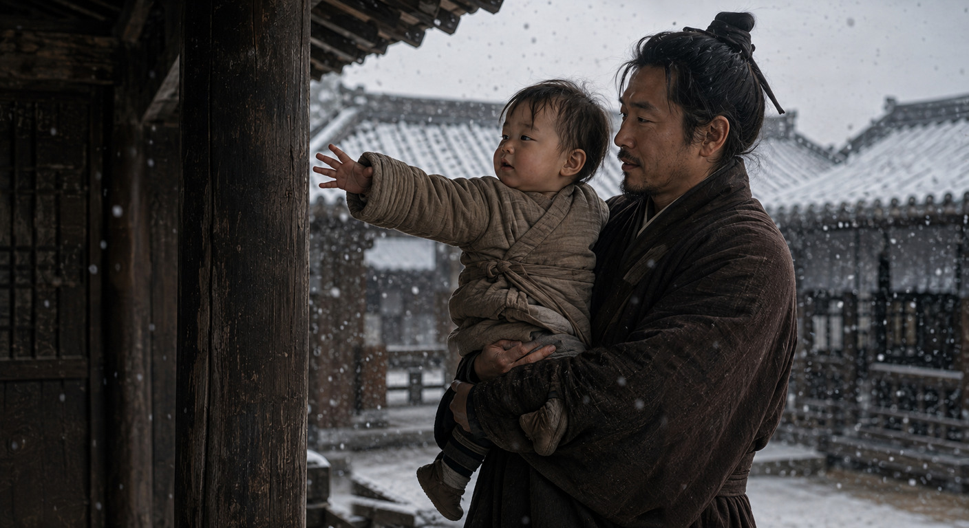 廊下，一名男子抱著剛會走路的孩子看雪；孩子伸手去接落下的雪，接不到，正在踢他