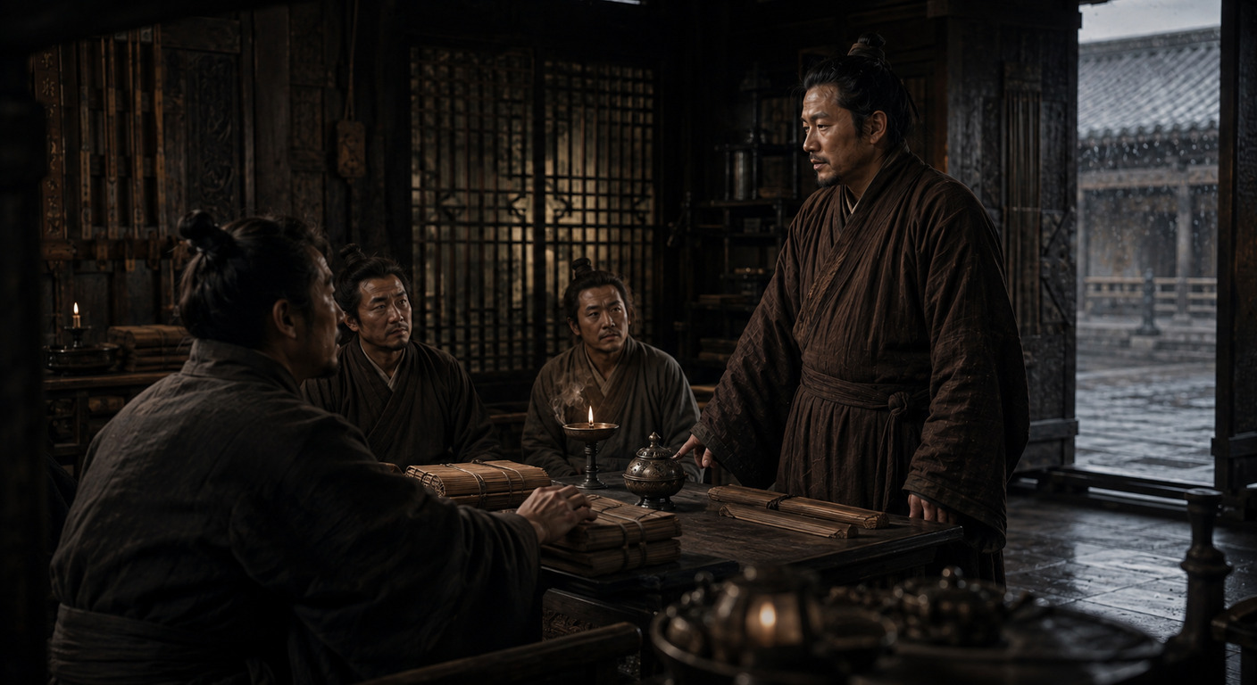 階前，一名男子正在對幾個人交代事情，語氣像在說一件例行的事；聽的人裡有一個剛問完話，停在那裡