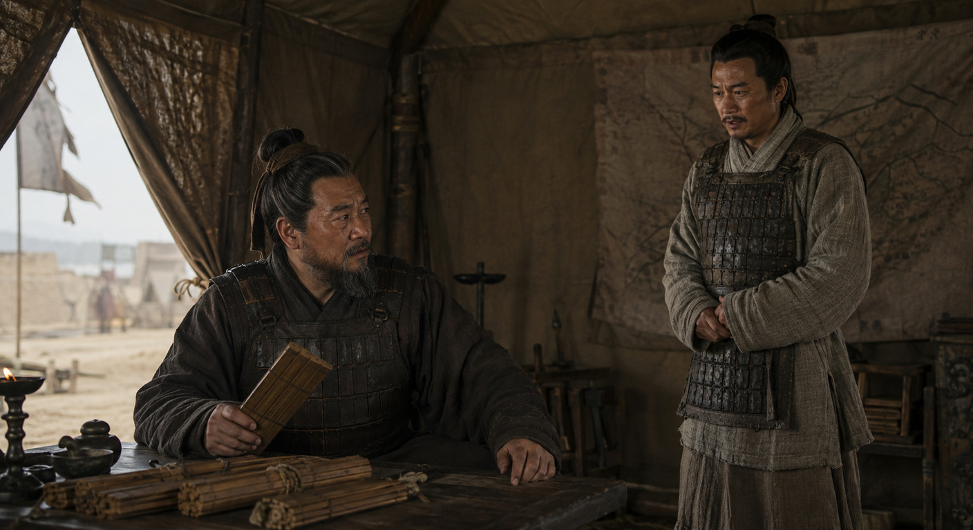軍帳內，一名副將站著剛說完話，神色不安；坐著的將領手上還拿著別的東西，臉色沒有變