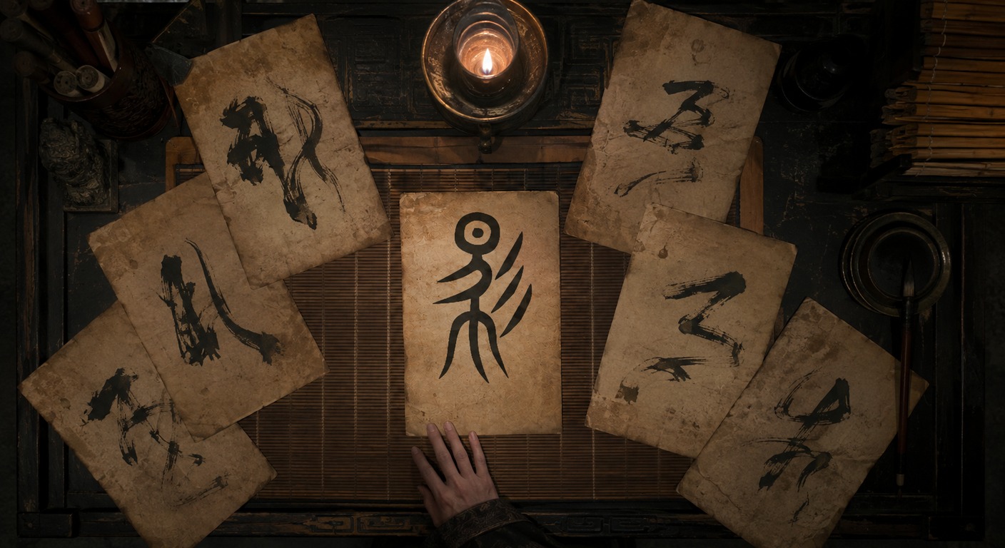 俯視的案面上，七份泛黃的舊詔書扇形攤開，每一份寫著同一個字的不同寫法；中央一份最清楚，旁邊是燭台與一隻手