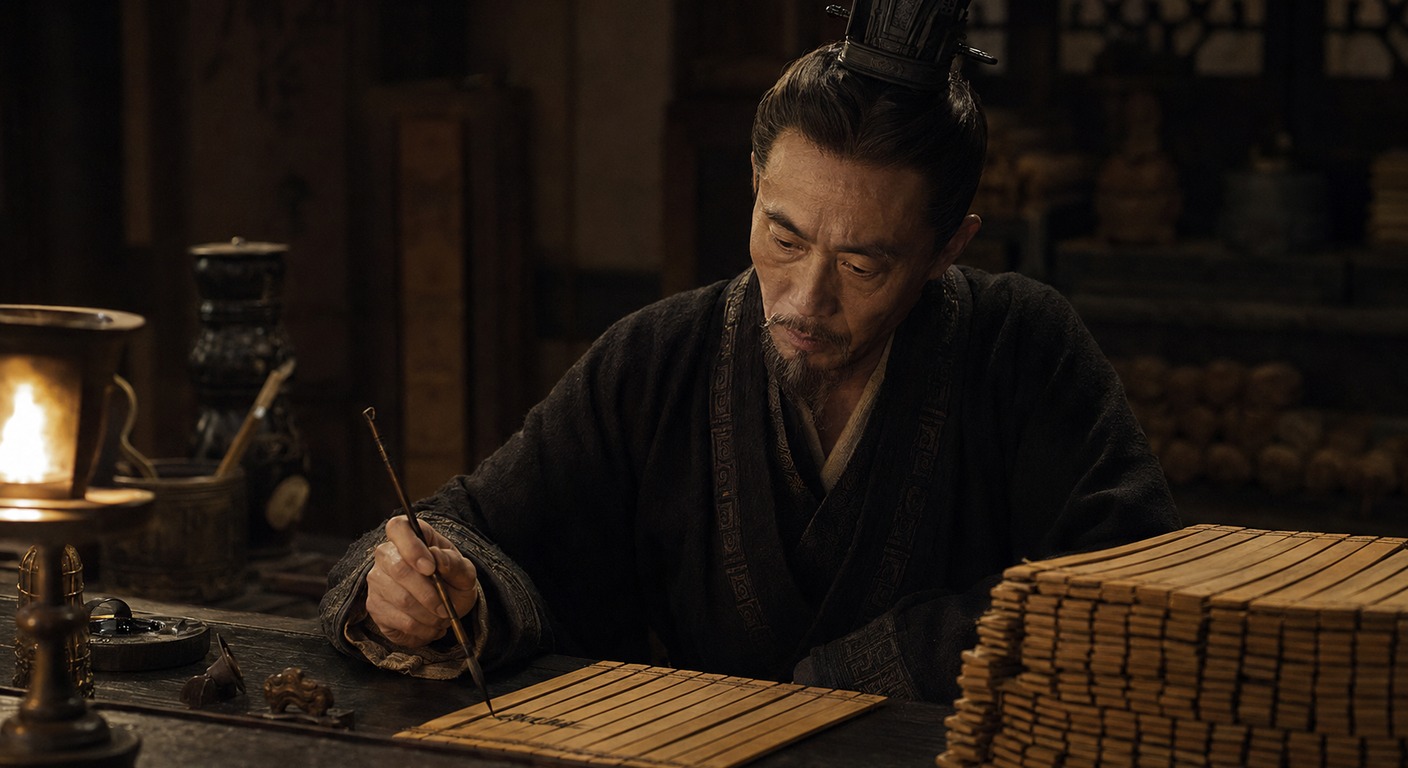 夜裡的燈下，一名中年官員執筆停在一枚竹簡上方，尚未落下；身旁堆著一大疊空白的簡