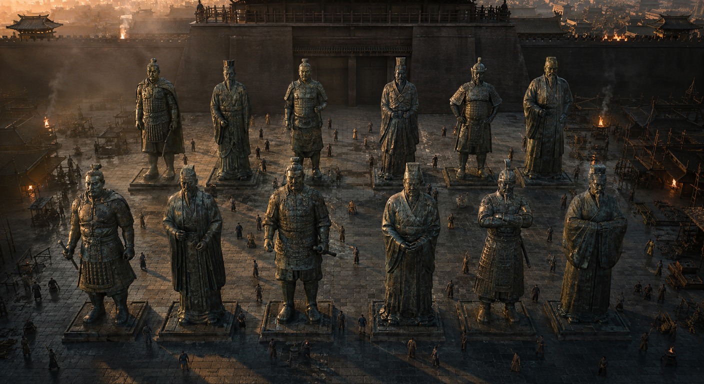 宮門前的廣場上，十二尊巨大的銅人分兩排並立，表面色澤斑駁不均；腳下走動的人顯得極小