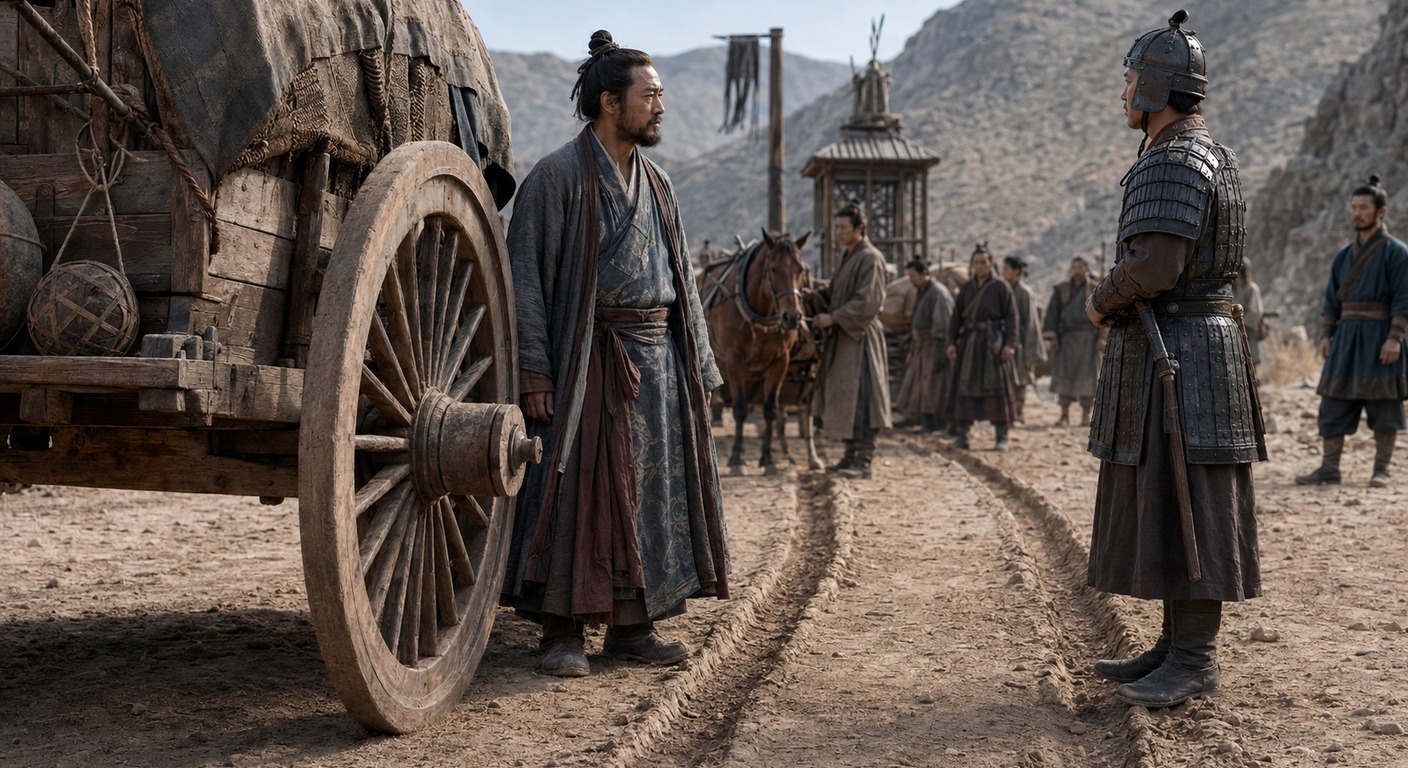 關口的土路上，一名商隊首領站在自己的貨車旁，與披甲的守關士兵相對而立；地上有兩道深深的車轍