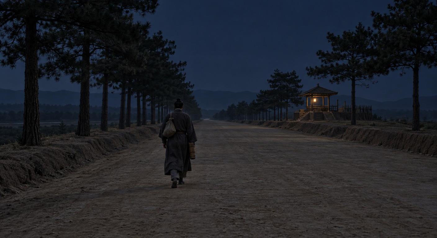 夜裡的馳道，一個人帶著簡單的行李往東走，路兩邊是松；遠處一座亭裡有燈