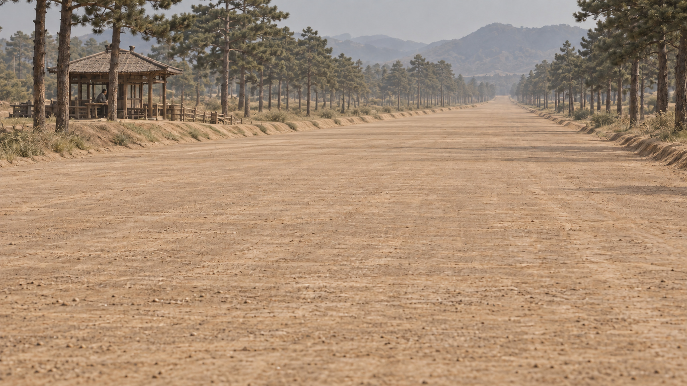 馳道，路面完整，兩邊的松整齊，路基比田地高一截；路邊一座亭，亭裡有一個人；路上沒有車隊也沒有旗