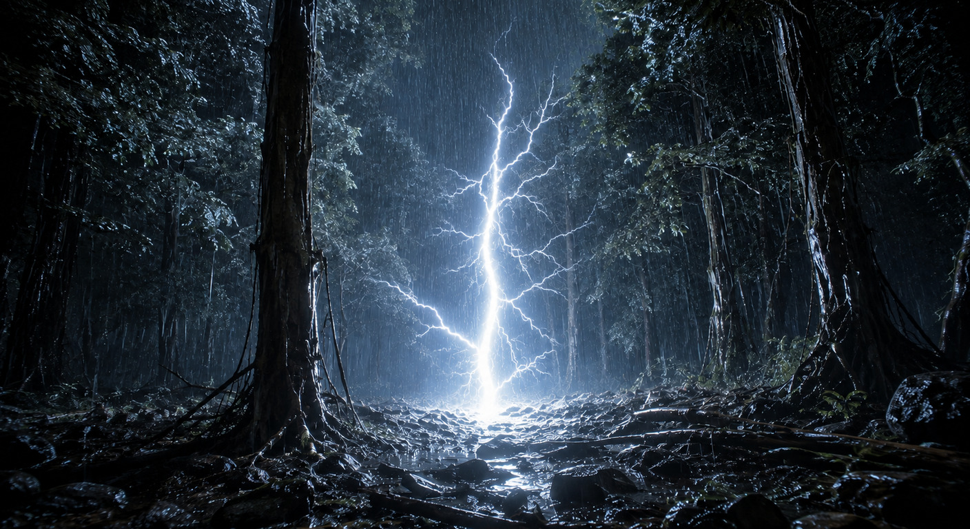 雨夜的林子裡，一道閃電自地面往上炸開，照亮濕透的樹幹與地表積水