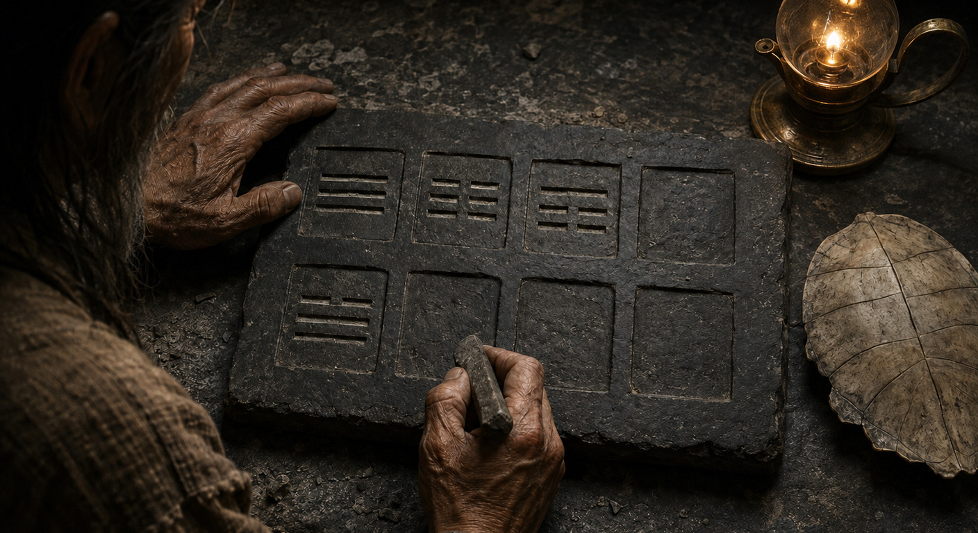 俯視角：他伏在一塊黑石板上鑿刻，板面分成八格，四格已刻出三爻符號，四格仍是空的；右側有龜甲與一盞油燈