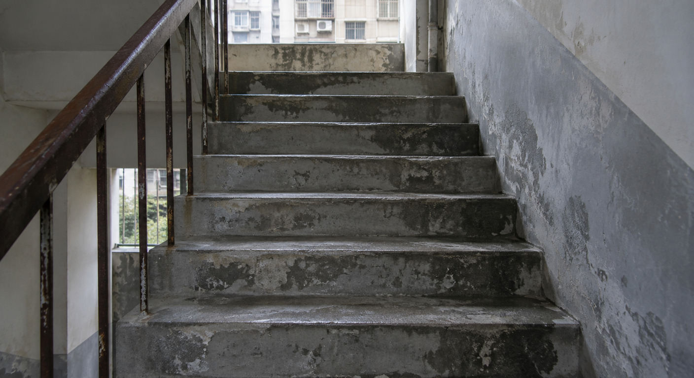 水泥階梯往上延伸，邊角磨圓、有掉漆和污痕，旁邊是生鏽的鐵欄杆；畫面裡沒有人