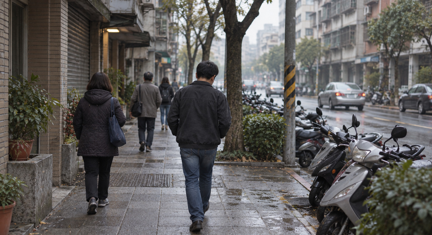 陰雨的台灣街頭，他走在濕的人行道上，路邊停滿機車，前面有幾個路人