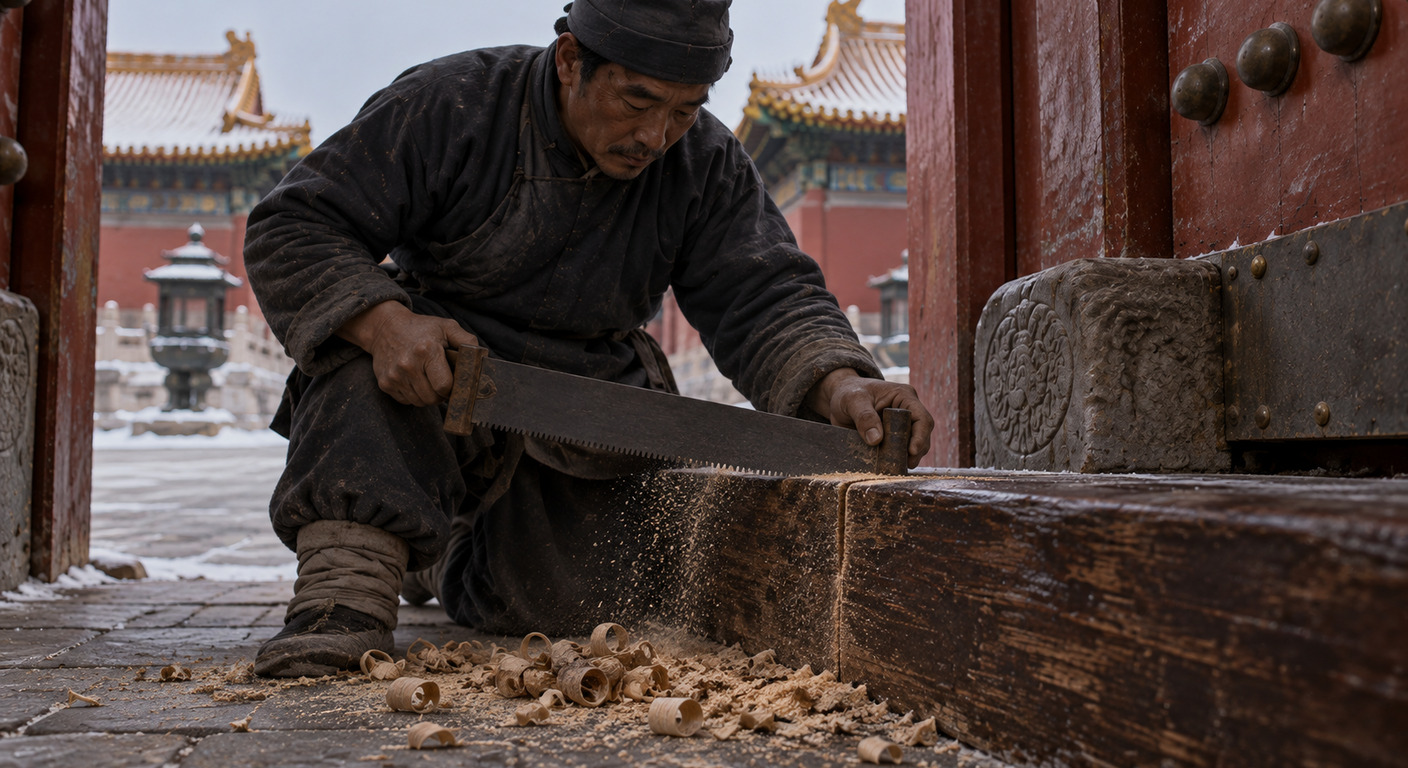 木匠跪在地上，鋸子橫過來對著門檻推，鋸屑與刨花落在磚地上；他的臉是專注的，不是痛苦的