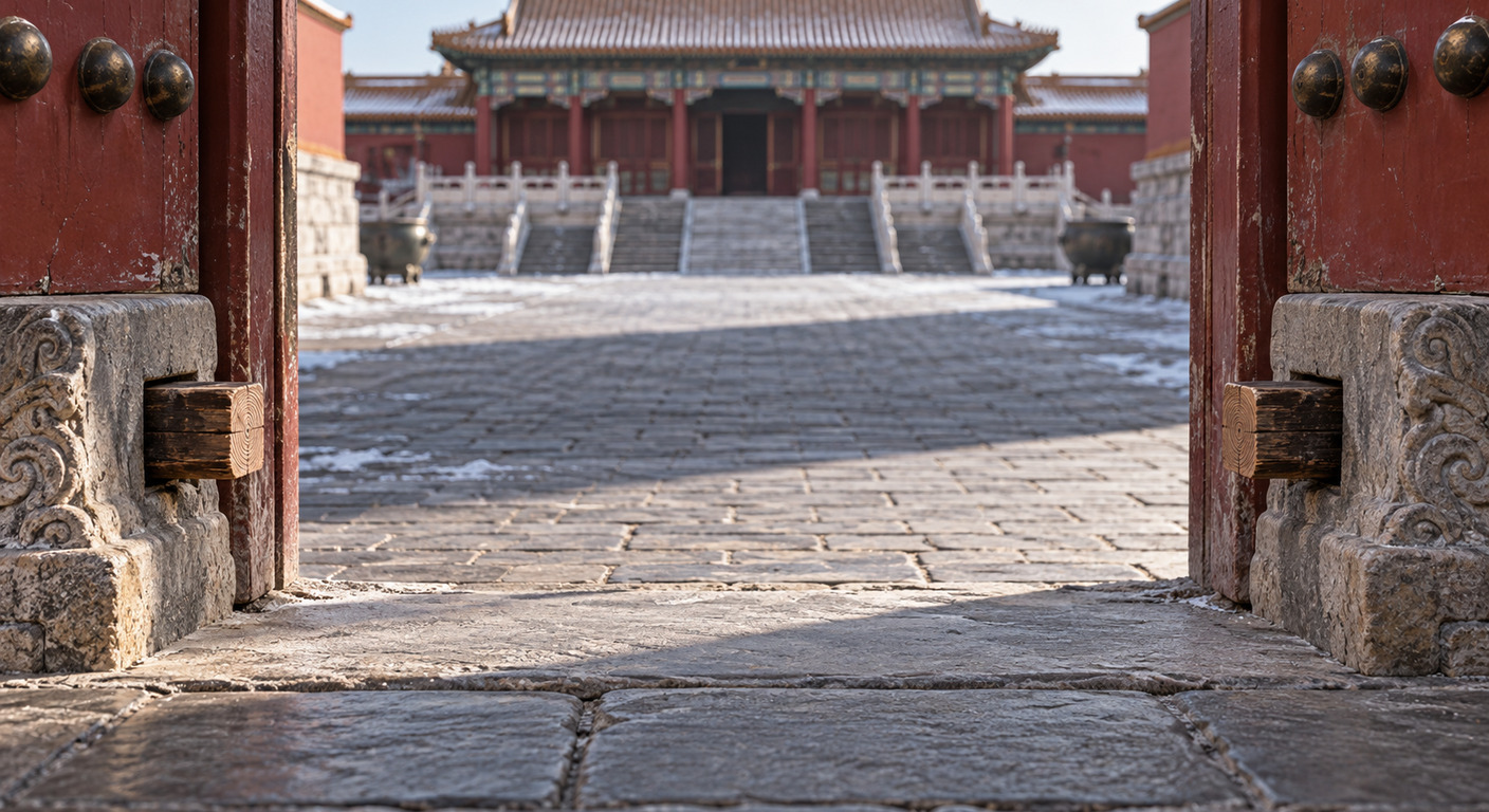 已經鋸開的門檻缺口：兩頭的榫還留在門枕石裡，切口修得很平，中間整段不見了，地是連續的