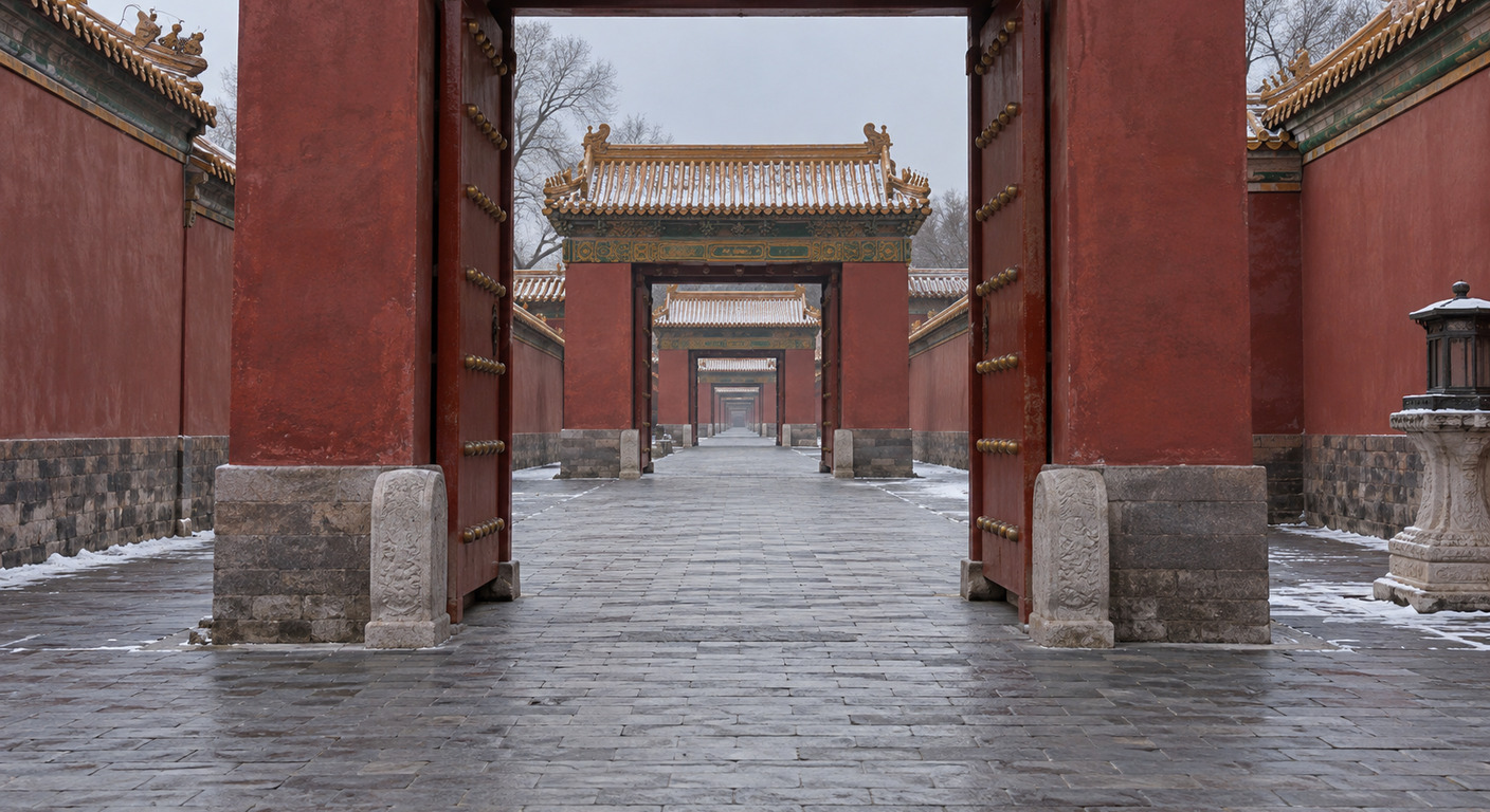 一條長街的縱深，一路看過去好幾道門，每一道門的地面都是平的，沒有門檻；空的，沒有人